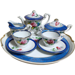 Vintage Hand-Painted Japanese Miniature Tea Set with Serving Tray - 9 Pieces