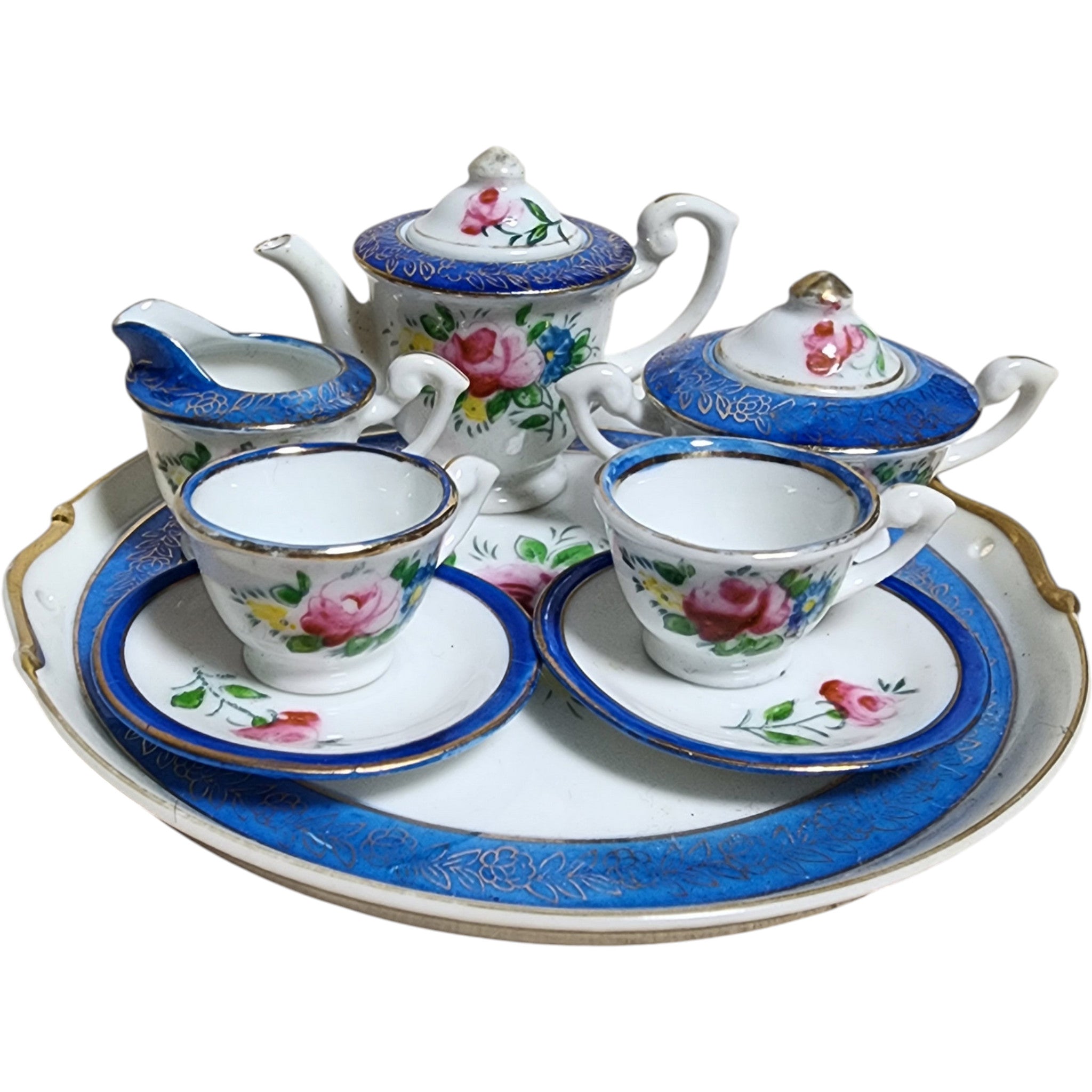 Vintage Hand-Painted Japanese Miniature Tea Set with Serving Tray - 9 Pieces