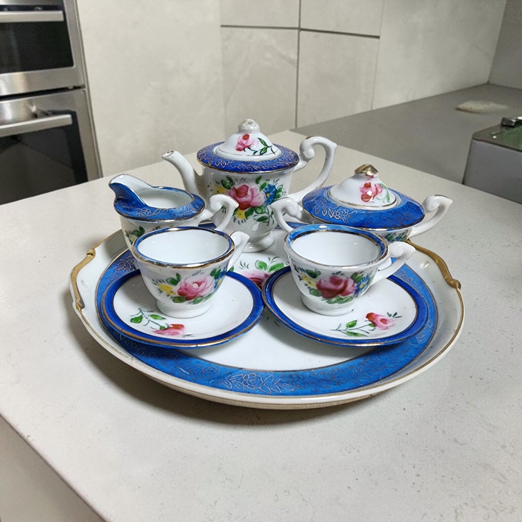 Vintage Hand-Painted Japanese Miniature Tea Set with Serving Tray - 9 Pieces