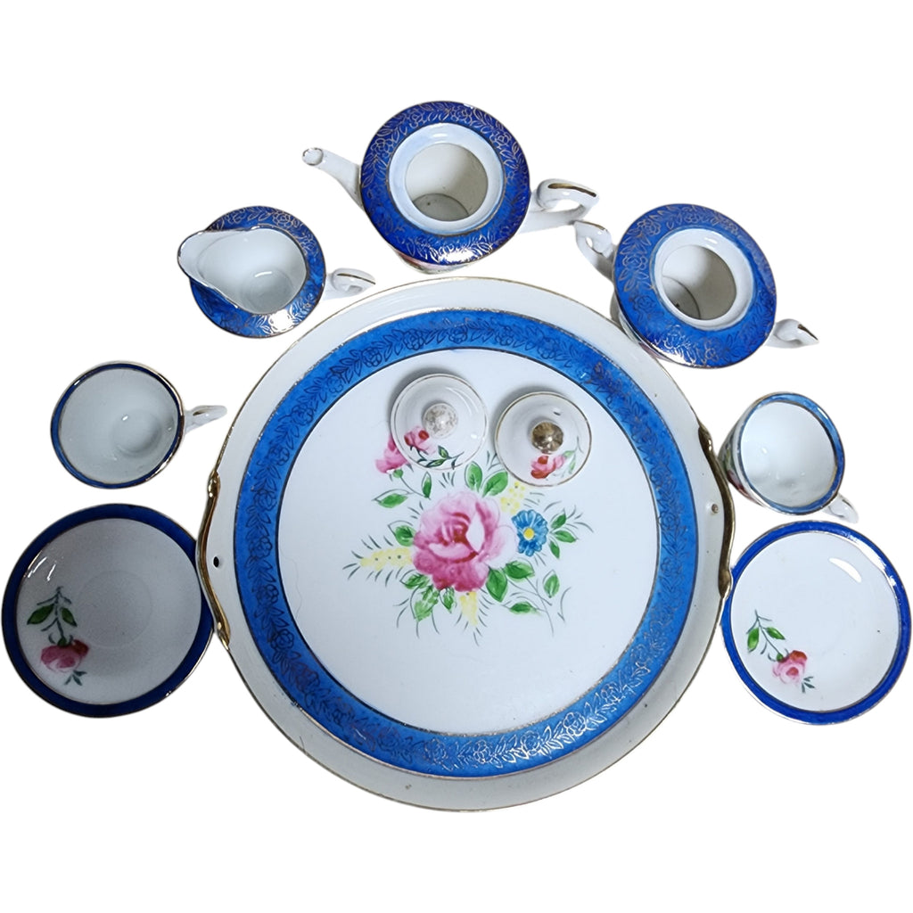 Vintage Hand-Painted Japanese Miniature Tea Set with Serving Tray - 9 Pieces