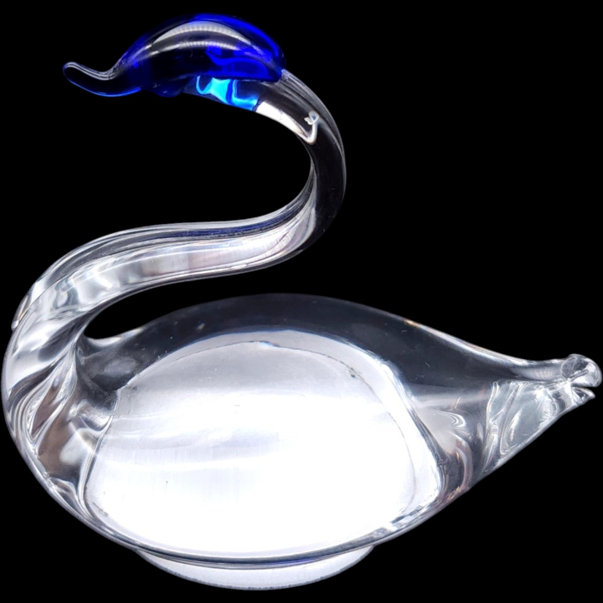 Vintage Hand Blown Clear Art Glass Swan Figurine Blue Crest Accent 2.75 Inch