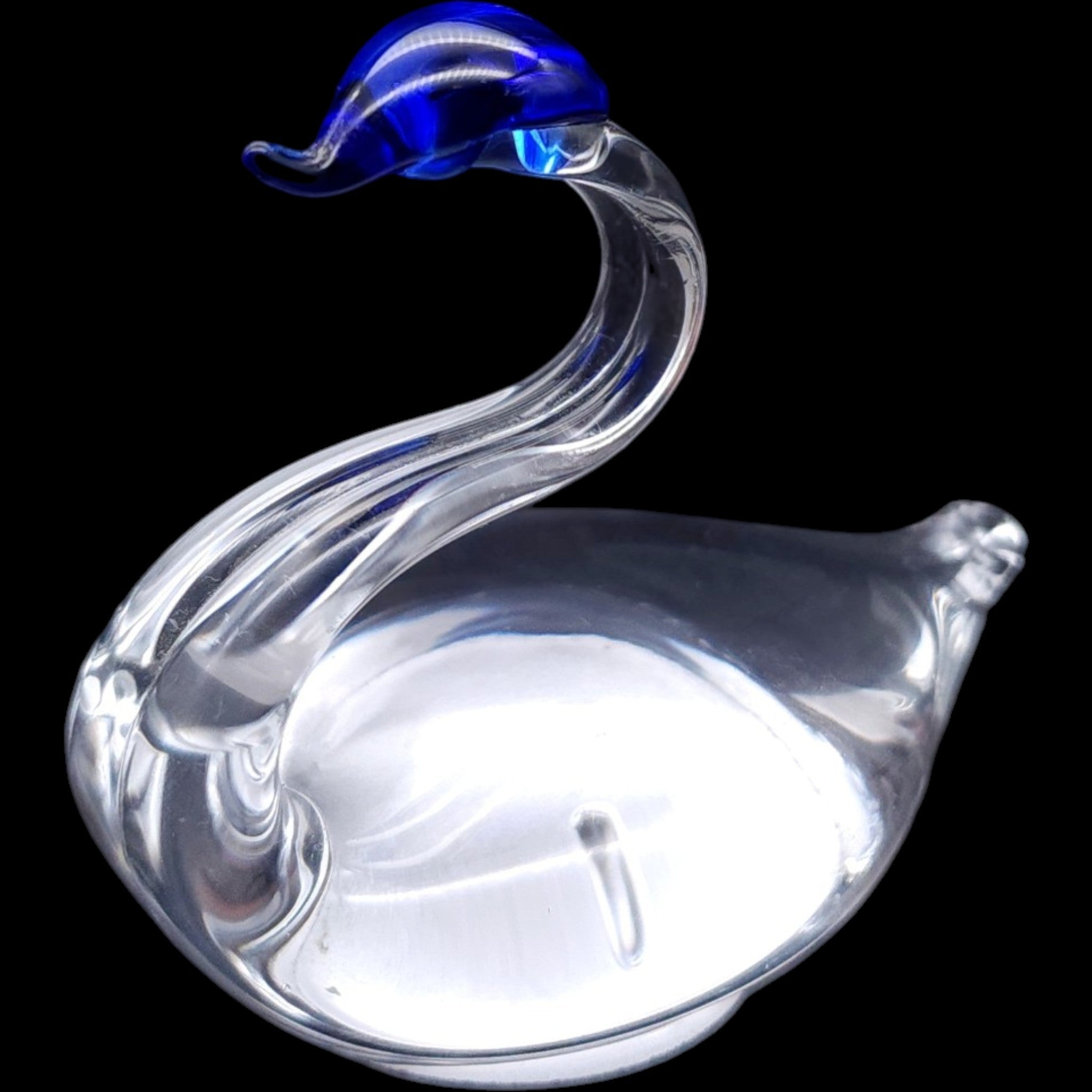 Vintage Hand Blown Clear Art Glass Swan Figurine Blue Crest Accent 2.75 Inch