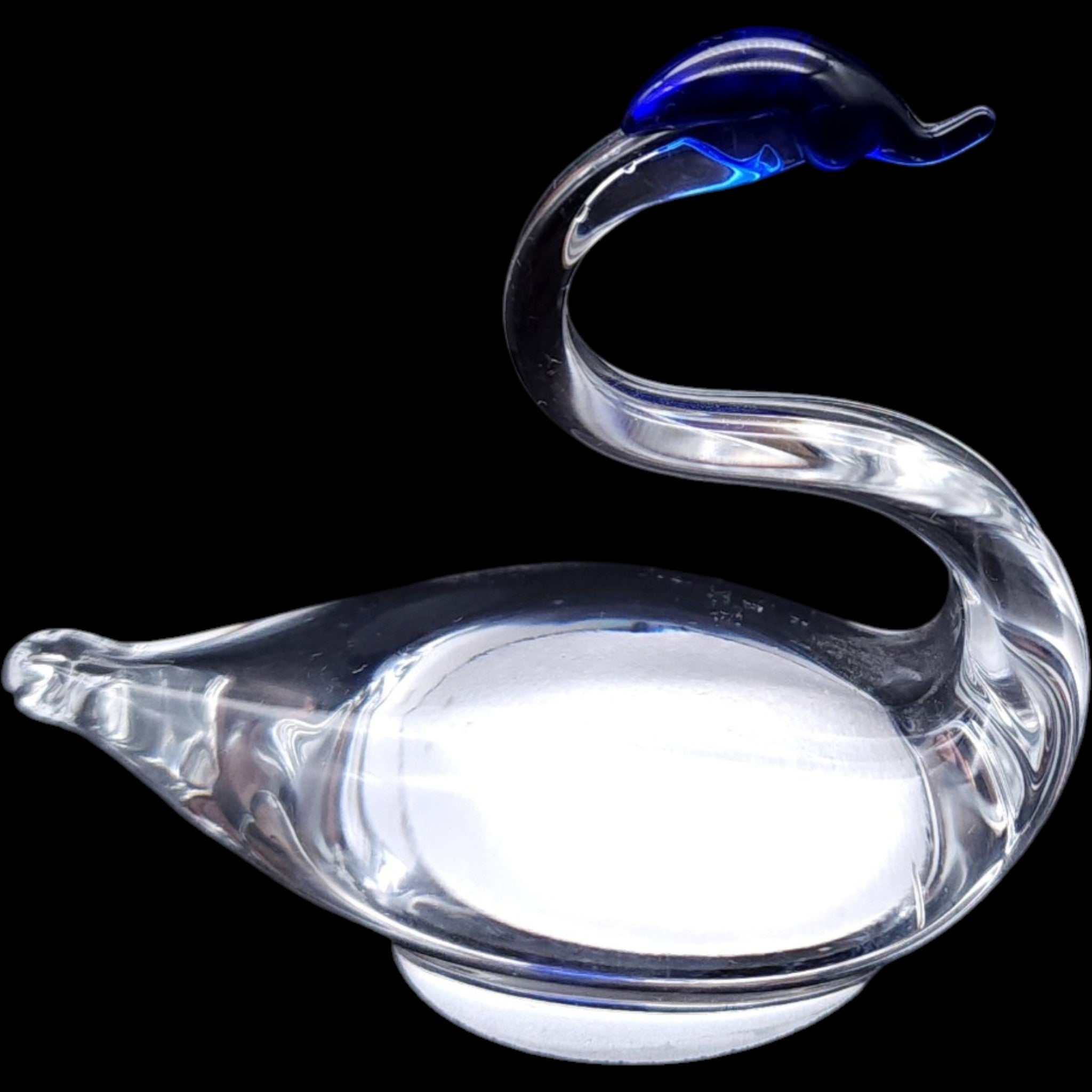 Vintage Hand Blown Clear Art Glass Swan Figurine Blue Crest Accent 2.75 Inch