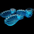 Vintage Hazel-Atlas Capri Aqua Blue Glass Seashell Snack Set 8 Piece Set for 4