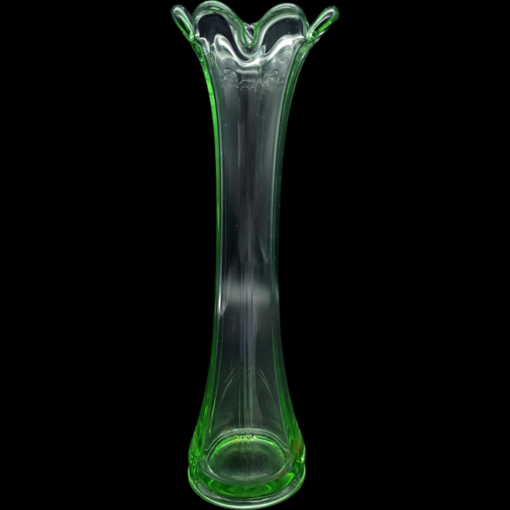 Vintage Heisey Green Glass Slender Bud Vase - Scalloped Flared Top