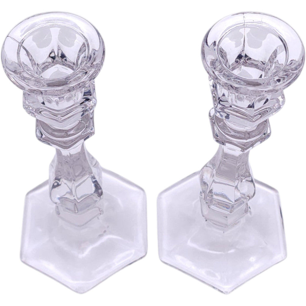 Vintage Heisey Old Williamsburg Clear Crystal Taper Candlestick Holders Pair
