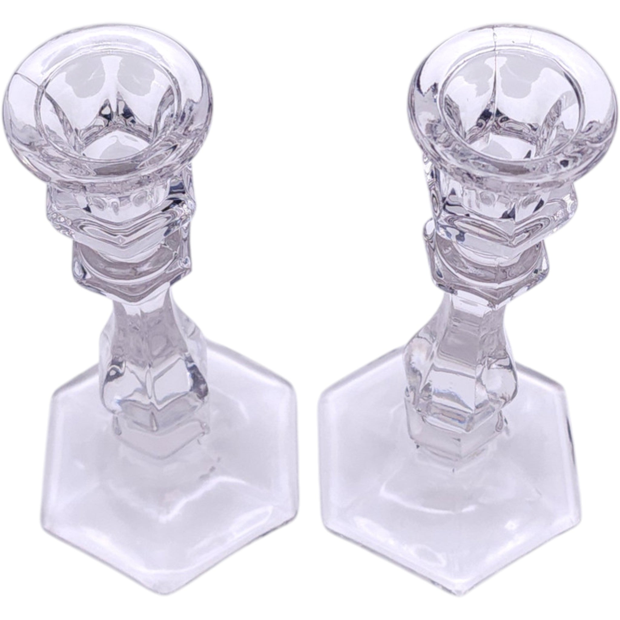Vintage Heisey Old Williamsburg Clear Crystal Taper Candlestick Holders Pair