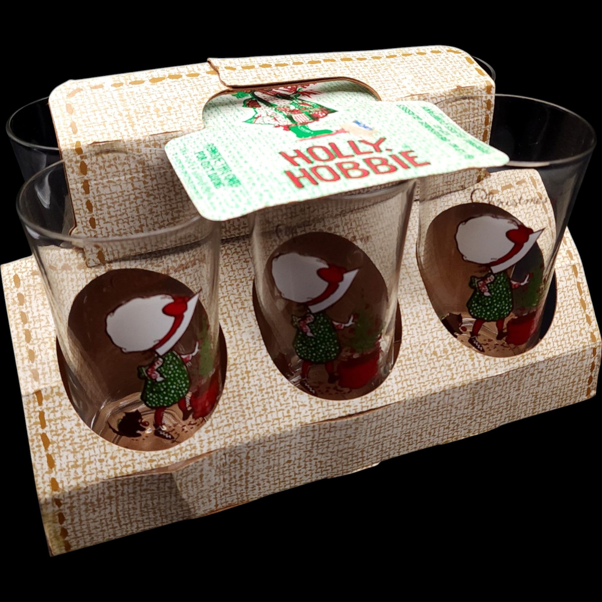 Vintage Holly Hobbie Christmas Beverage Glasses Set of 6 in Original Packaging