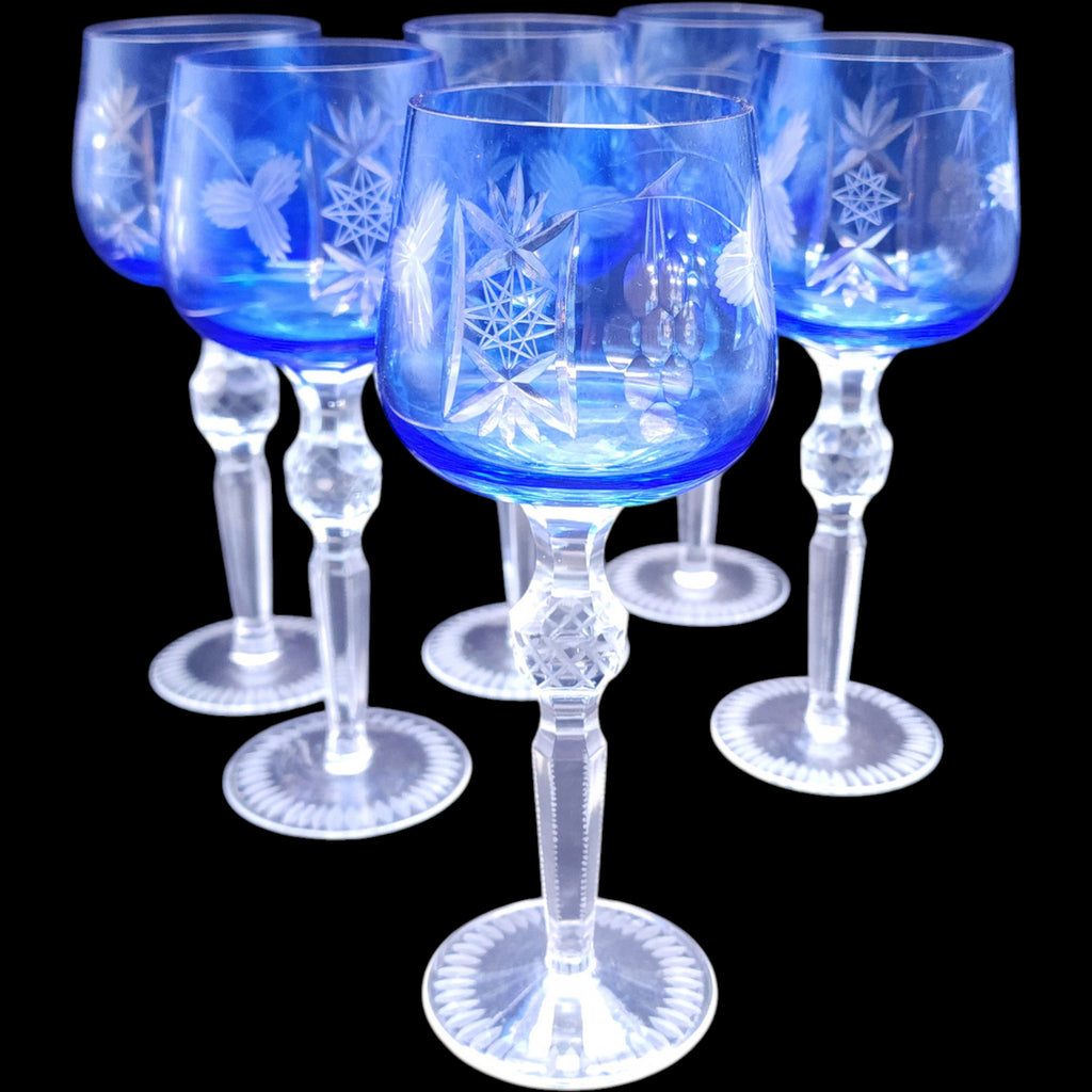 Vintage Hortensja Blue Cut to Clear Hock Wine Glasses Set of 6