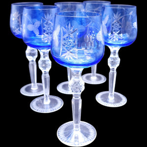 Vintage Hortensja Blue Cut to Clear Hock Wine Glasses Set of 6