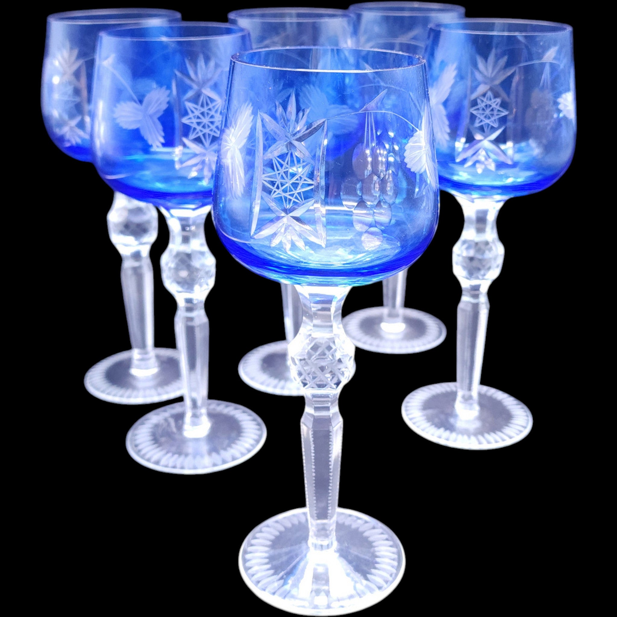 Vintage Hortensja Blue Cut to Clear Hock Wine Glasses Set of 6