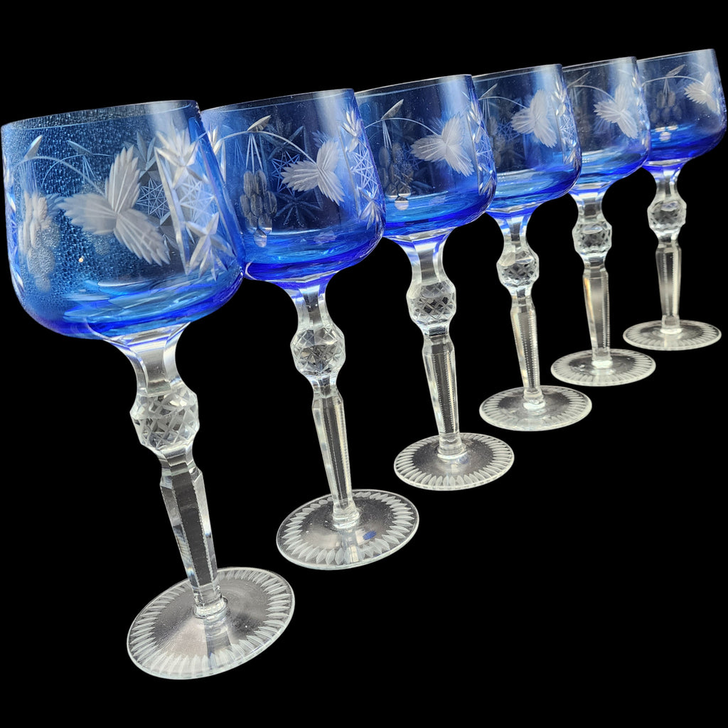 Vintage Hortensja Blue Cut to Clear Hock Wine Glasses Set of 6