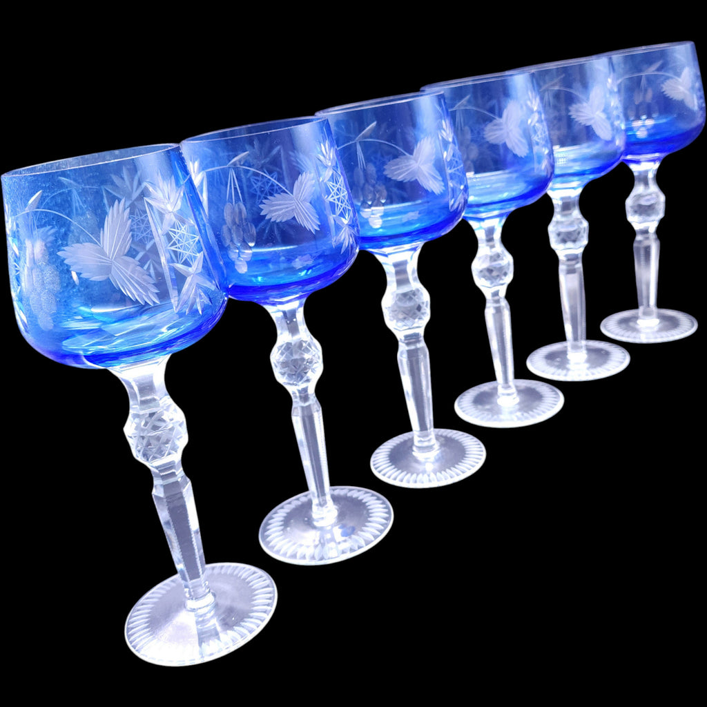 Vintage Hortensja Blue Cut to Clear Hock Wine Glasses Set of 6