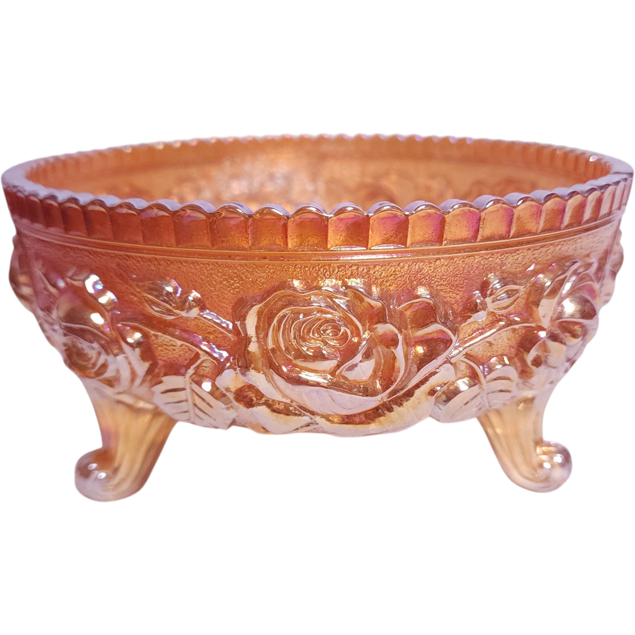 Vintage Imperial Glass Marigold Carnival Glass Lustre Rose Three-Footed Bowl