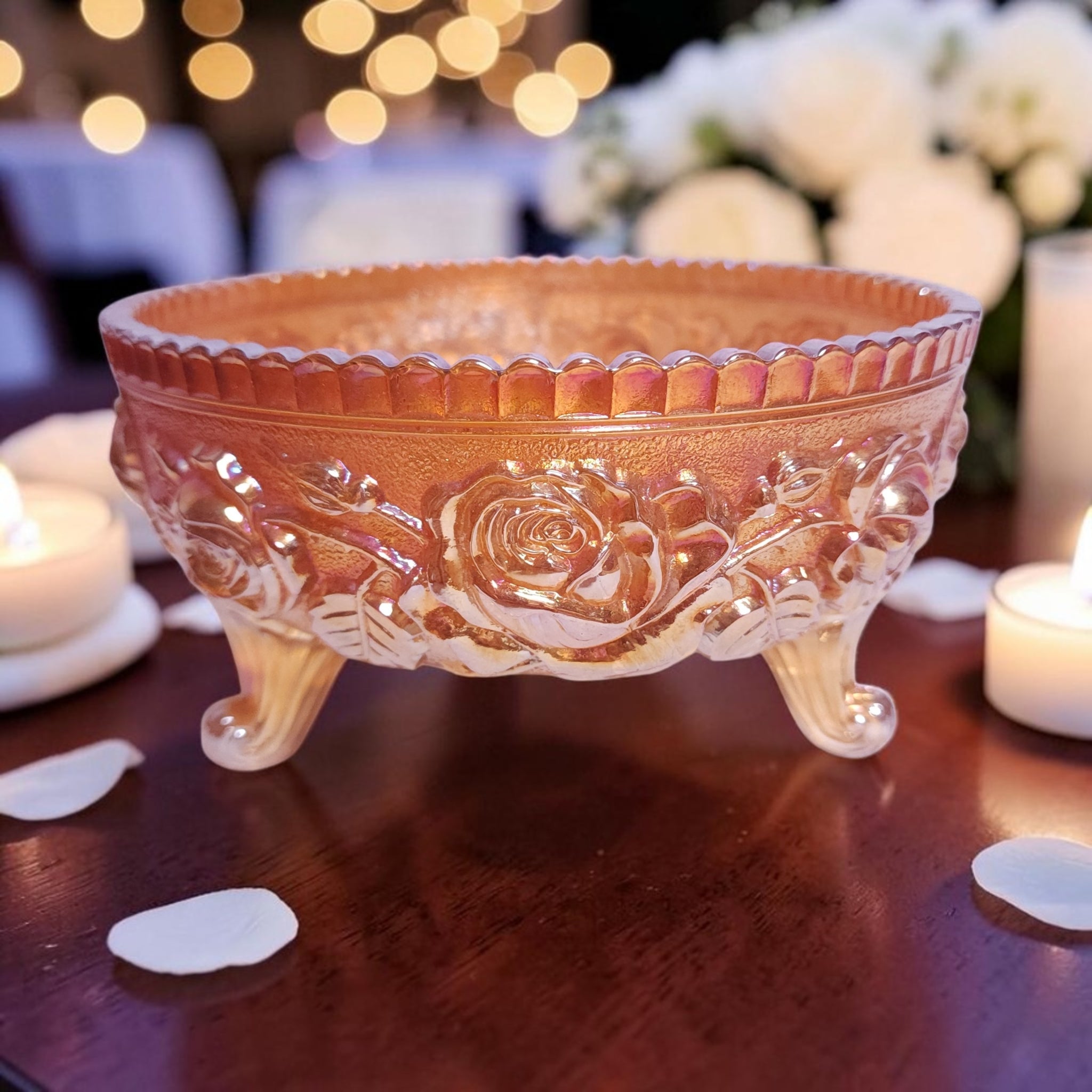 Vintage Imperial Glass Marigold Carnival Glass Lustre Rose Three-Footed Bowl