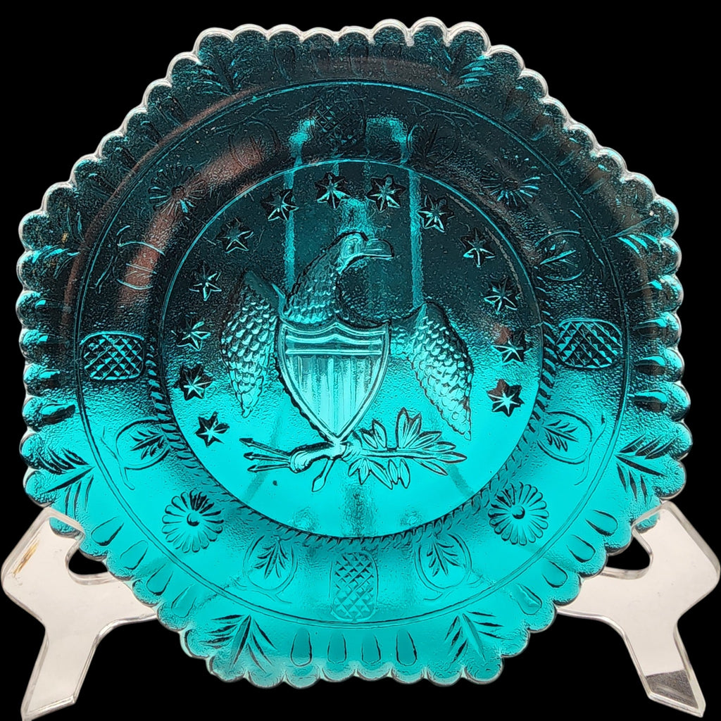 7" Vintage Indiana Glass Teal American Patriotic Eagle Octagonal Plate