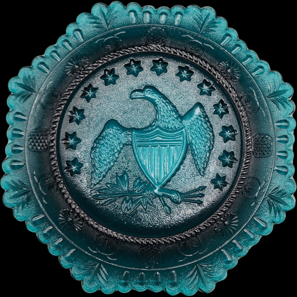 7" Vintage Indiana Glass Teal American Patriotic Eagle Octagonal Plate