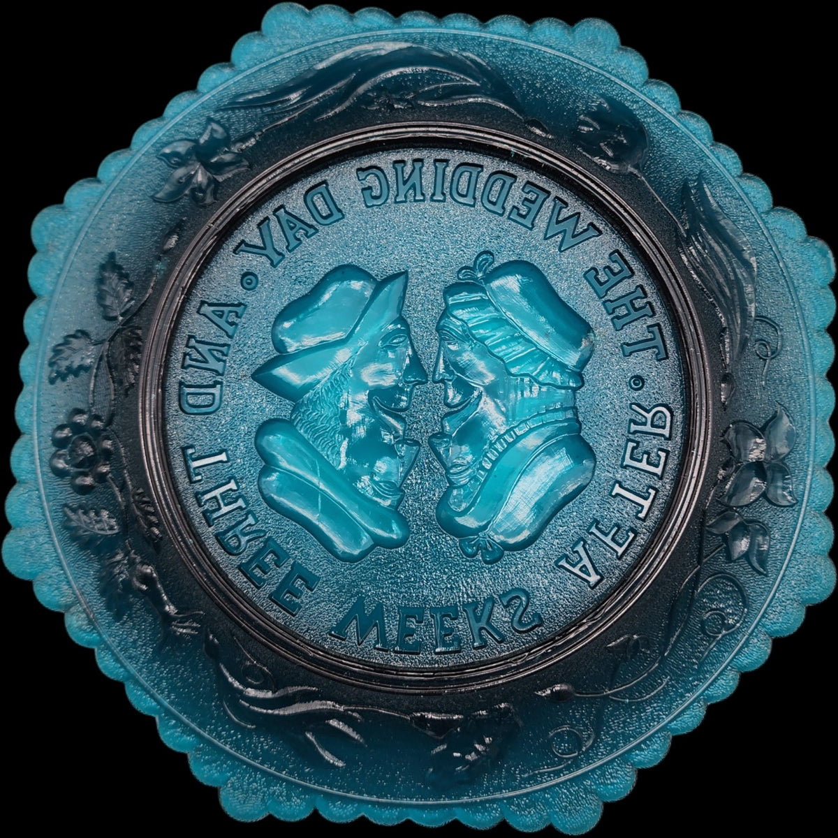 Vintage Indiana Glass Teal "The Wedding Day and Three Weeks After" Octagonal Plate