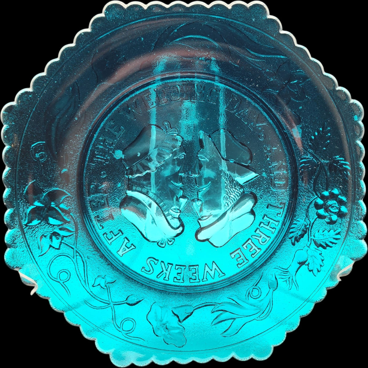 Vintage Indiana Glass Teal "The Wedding Day and Three Weeks After" Octagonal Plate