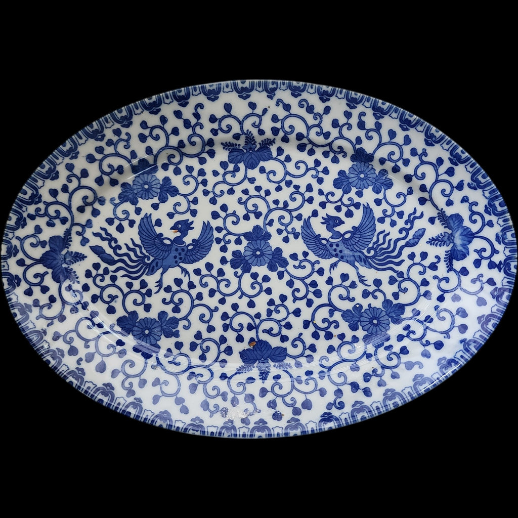 Vintage Japanese Blue & White Phoenix Bird Oval Porcelain Platter 12"