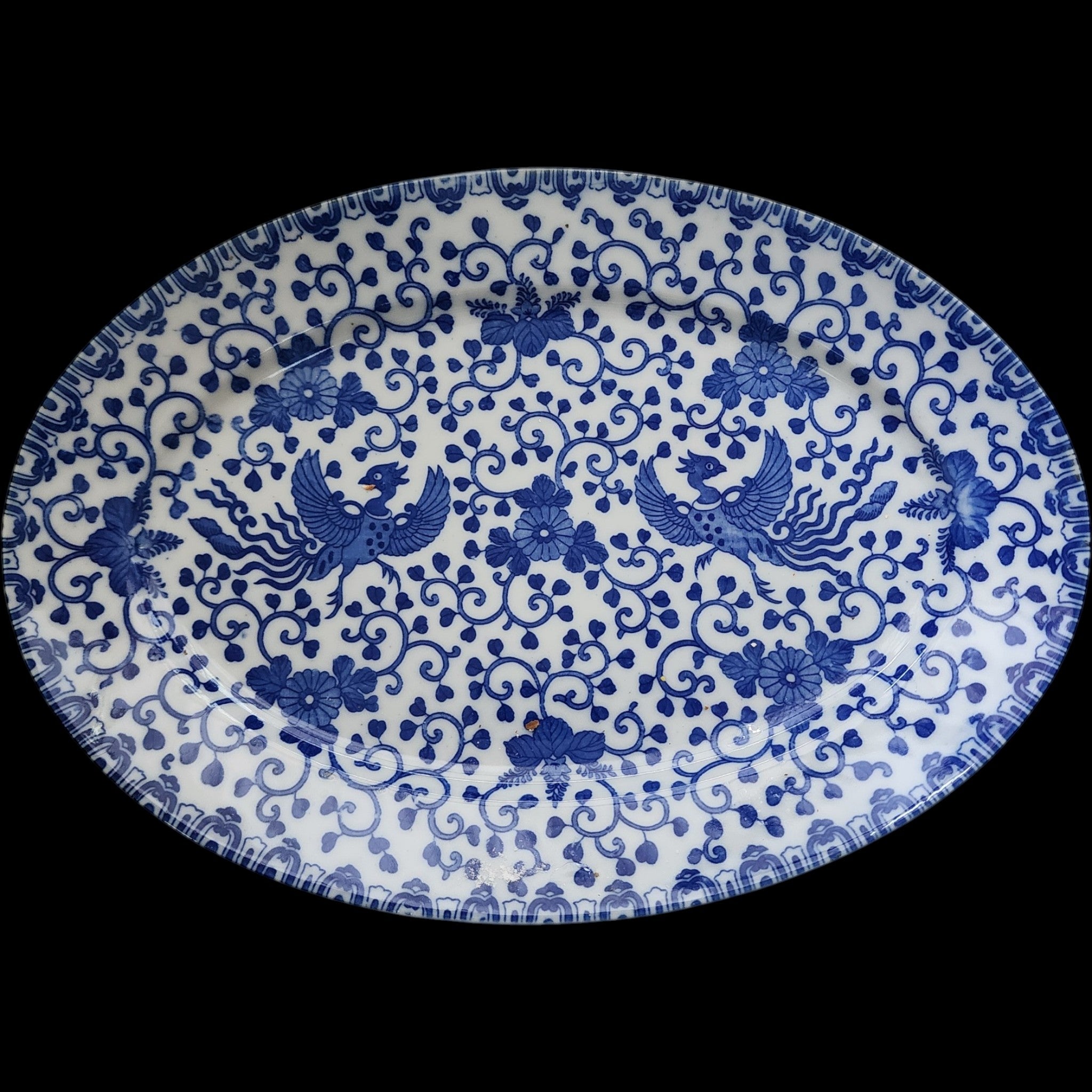 Vintage Japanese Blue & White Phoenix Bird Oval Porcelain Platter 12"