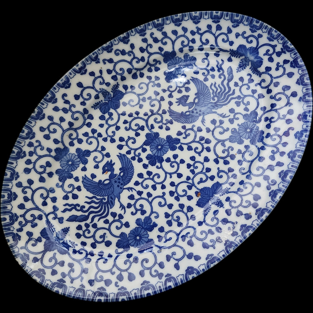 Vintage Japanese Blue & White Phoenix Bird Oval Porcelain Platter 12"