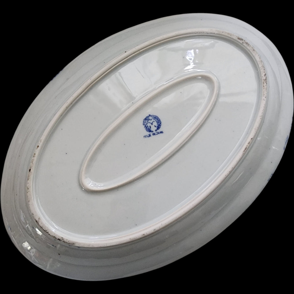 Vintage Japanese Blue & White Phoenix Bird Oval Porcelain Platter 12"