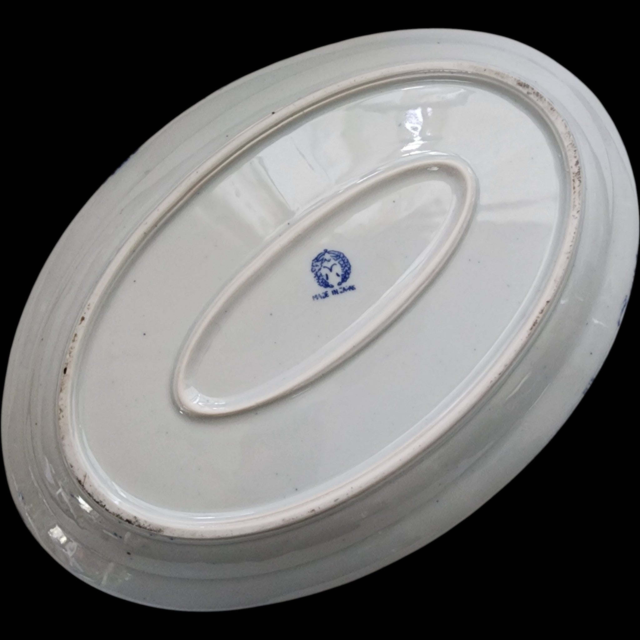 Vintage Japanese Blue & White Phoenix Bird Oval Porcelain Platter 12"