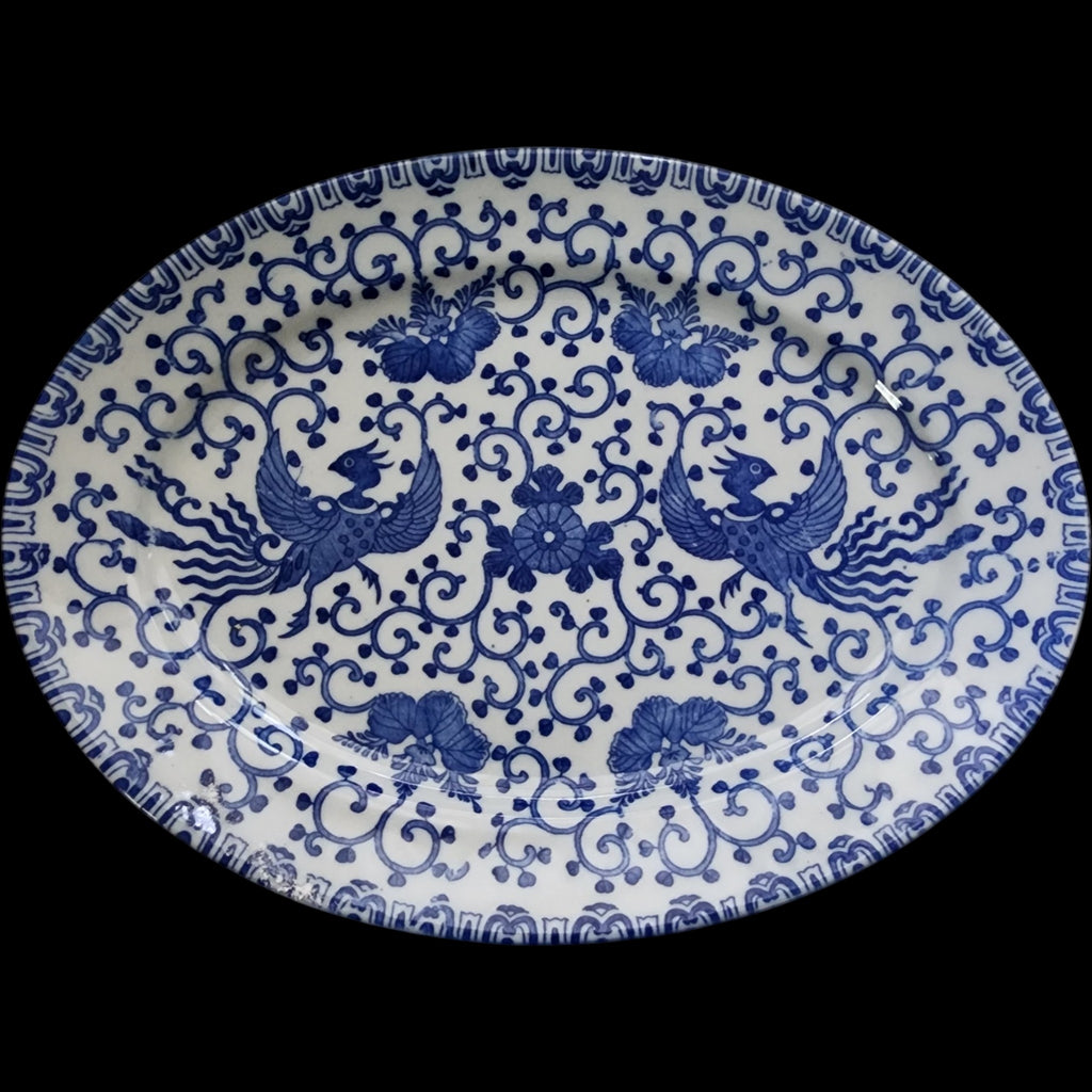 Vintage Japanese Blue & White Phoenix Bird Oval Porcelain Platter 9"