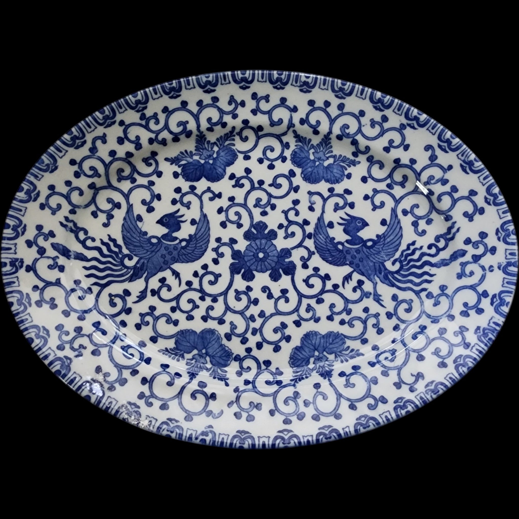 Vintage Japanese Blue & White Phoenix Bird Oval Porcelain Platter 9"