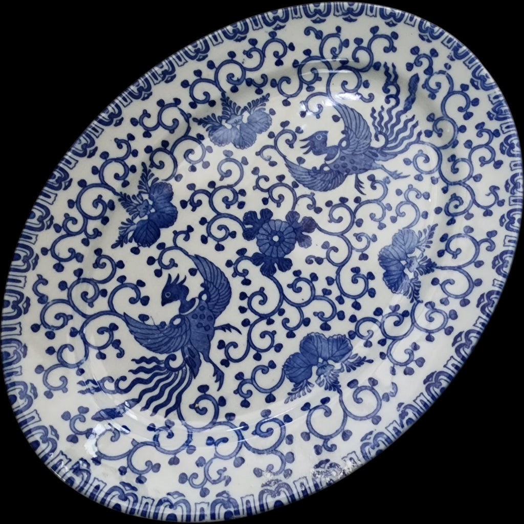 Vintage Japanese Blue & White Phoenix Bird Oval Porcelain Platter 9"