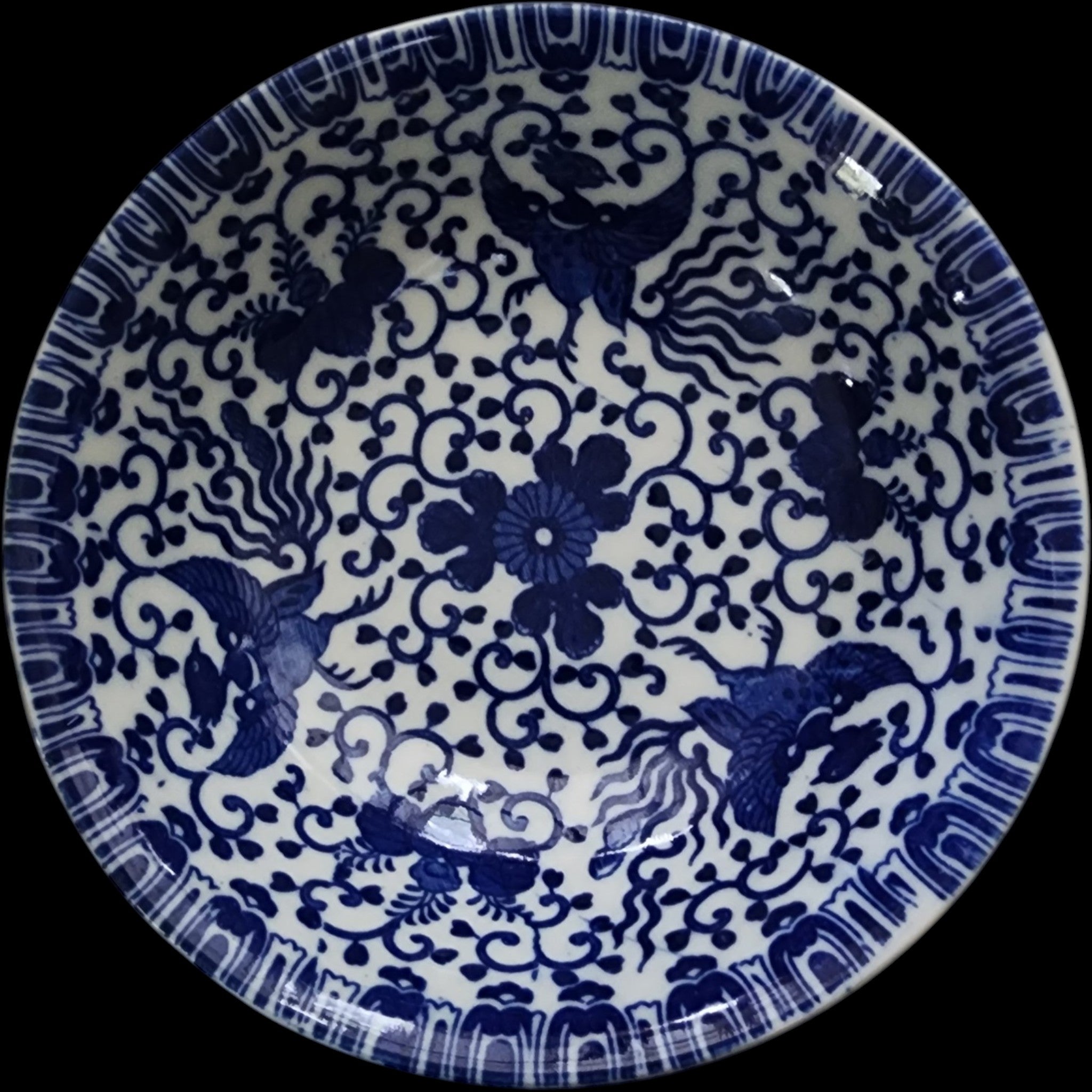 Vintage Japanese Blue & White Phoenix Bird Porcelain Bowls Set of 3