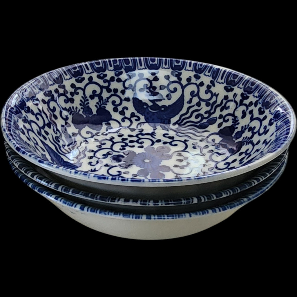 Vintage Japanese Blue & White Phoenix Bird Porcelain Bowls Set of 3