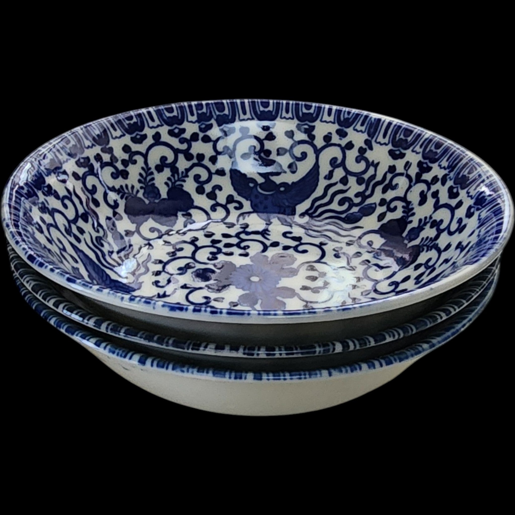 Vintage Japanese Blue & White Phoenix Bird Porcelain Bowls Set of 3