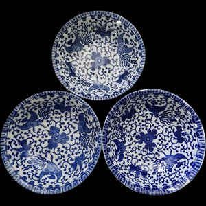 Vintage Japanese Blue & White Phoenix Bird Porcelain Bowls Set of 3