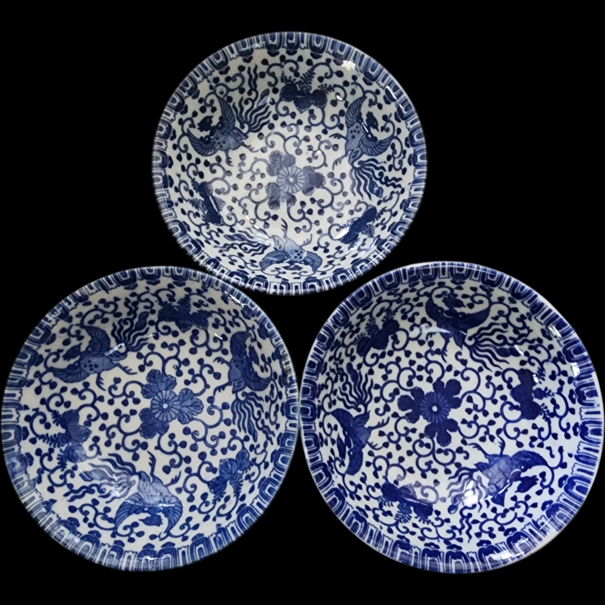 Vintage Japanese Blue & White Phoenix Bird Porcelain Bowls Set of 3