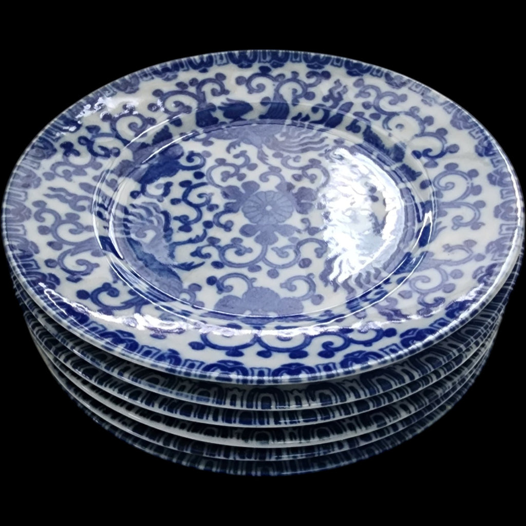 6" Vintage Japanese Blue & White Phoenix Bird Porcelain Plates Set of 6