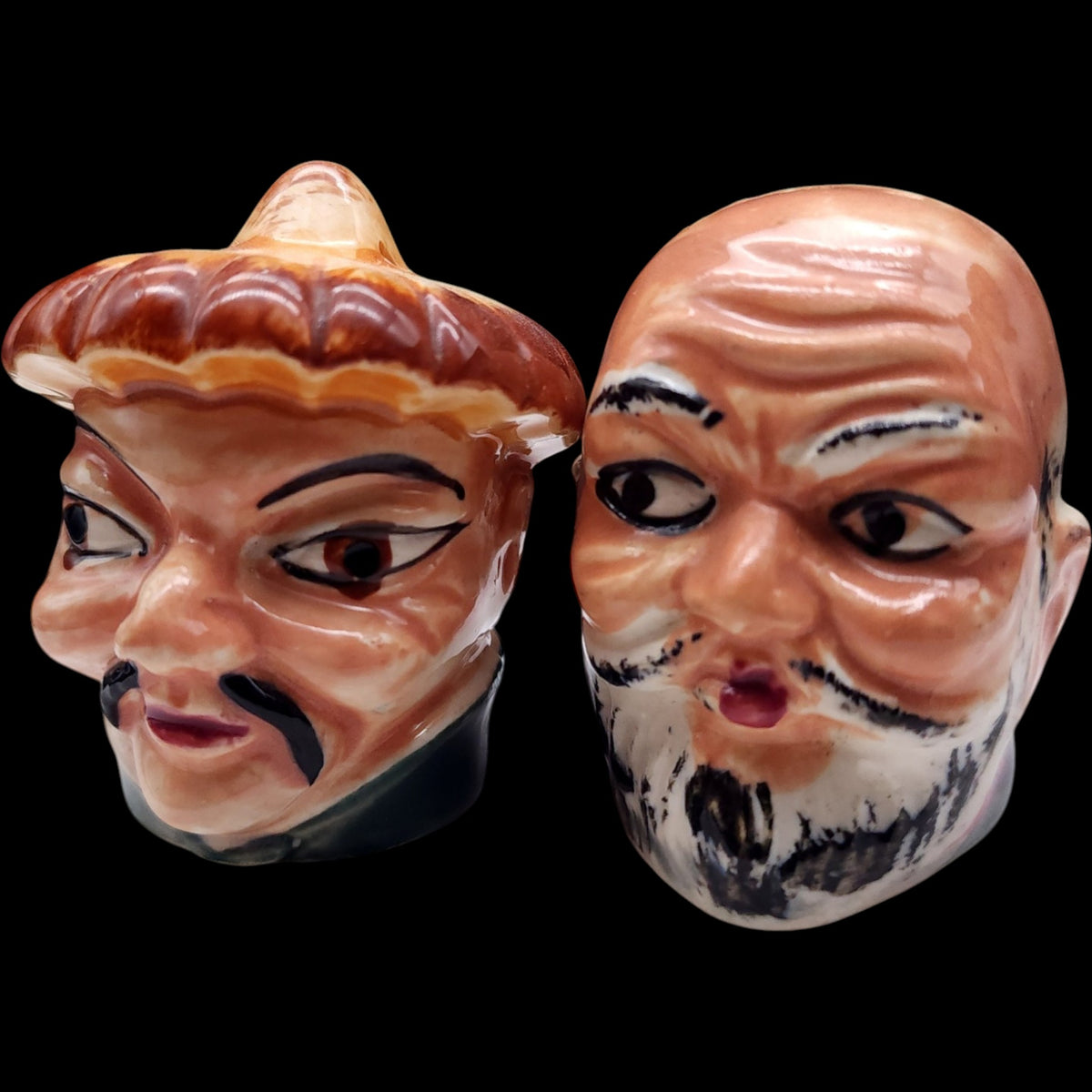 Vintage Japanese Ceramic Asian Character Bust Salt & Pepper Shakers Made in Japan