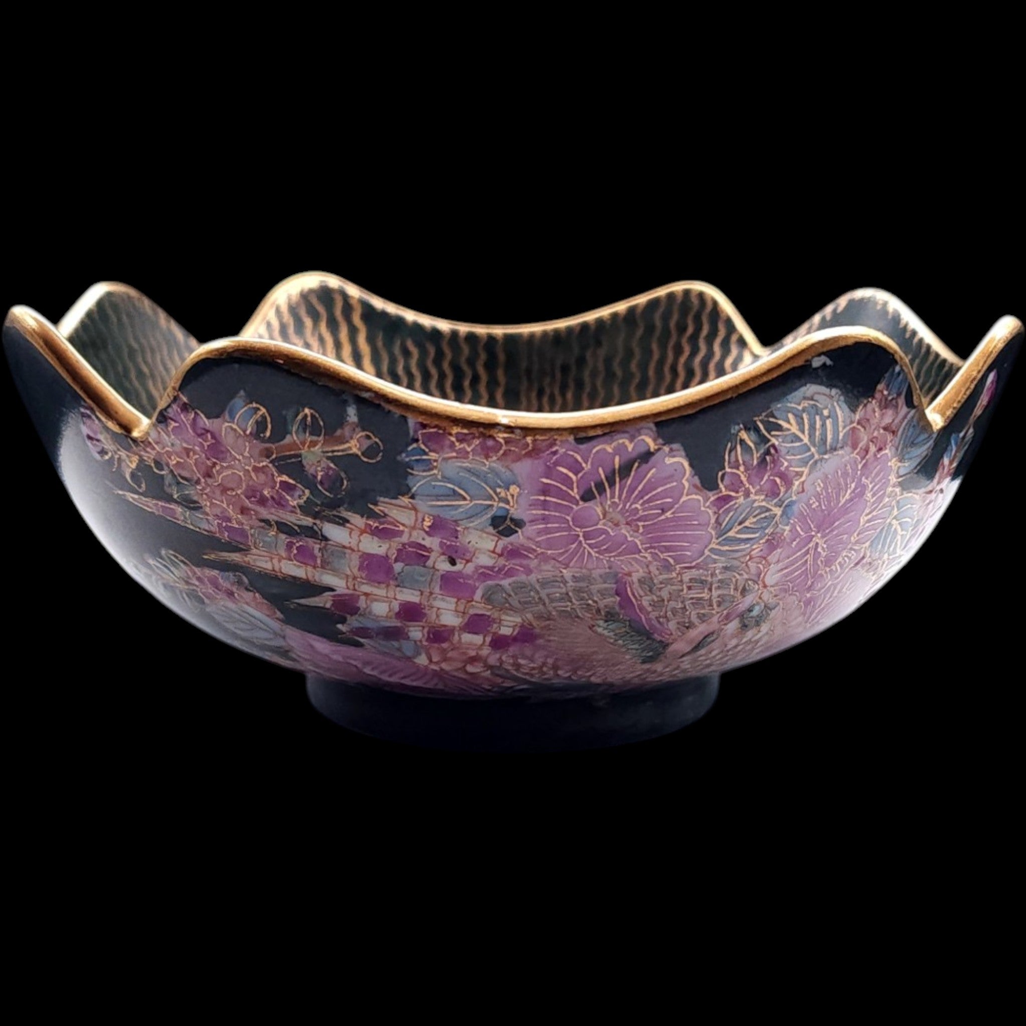 Vintage Japanese Chokin Style Black Ceramic Floral Peacock Decorative Bowl
