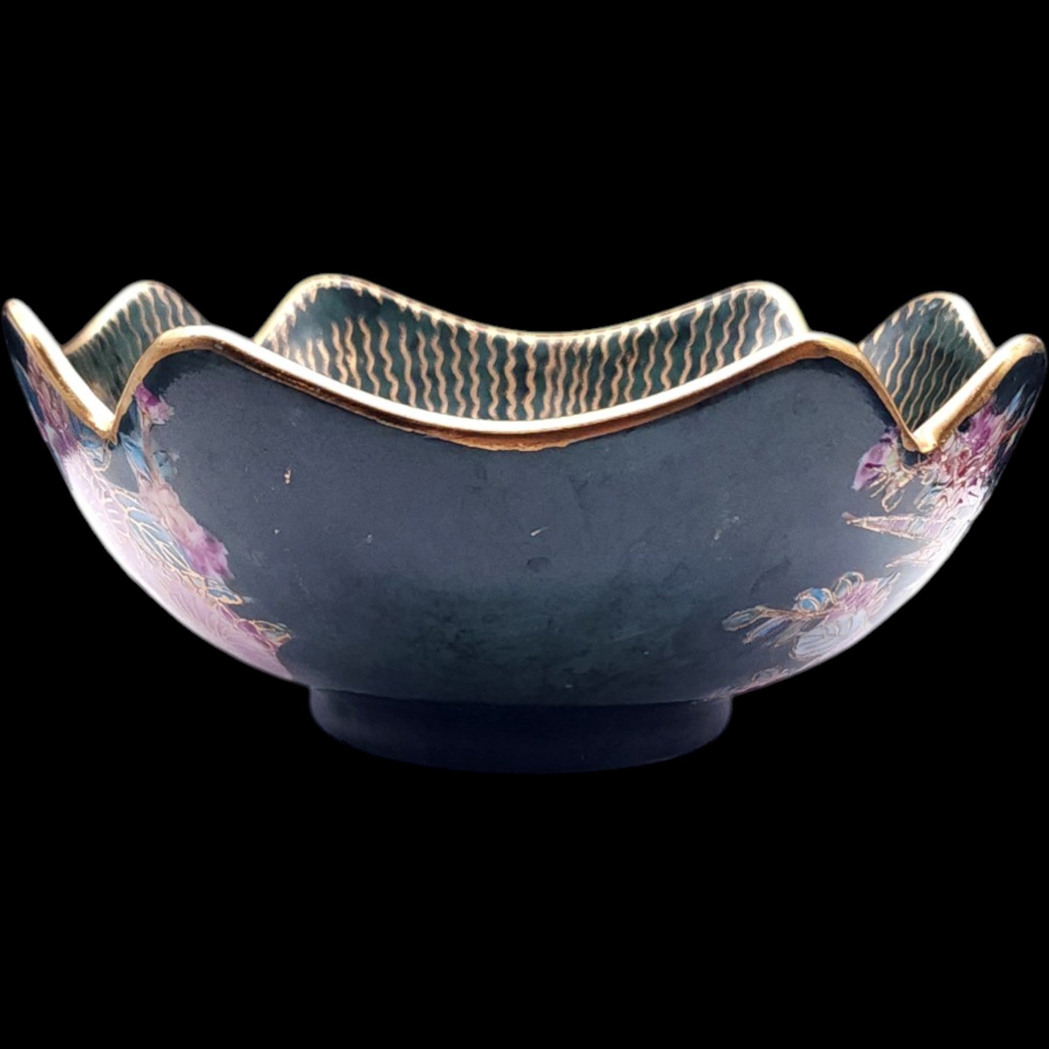 Vintage Japanese Chokin Style Black Ceramic Floral Peacock Decorative Bowl