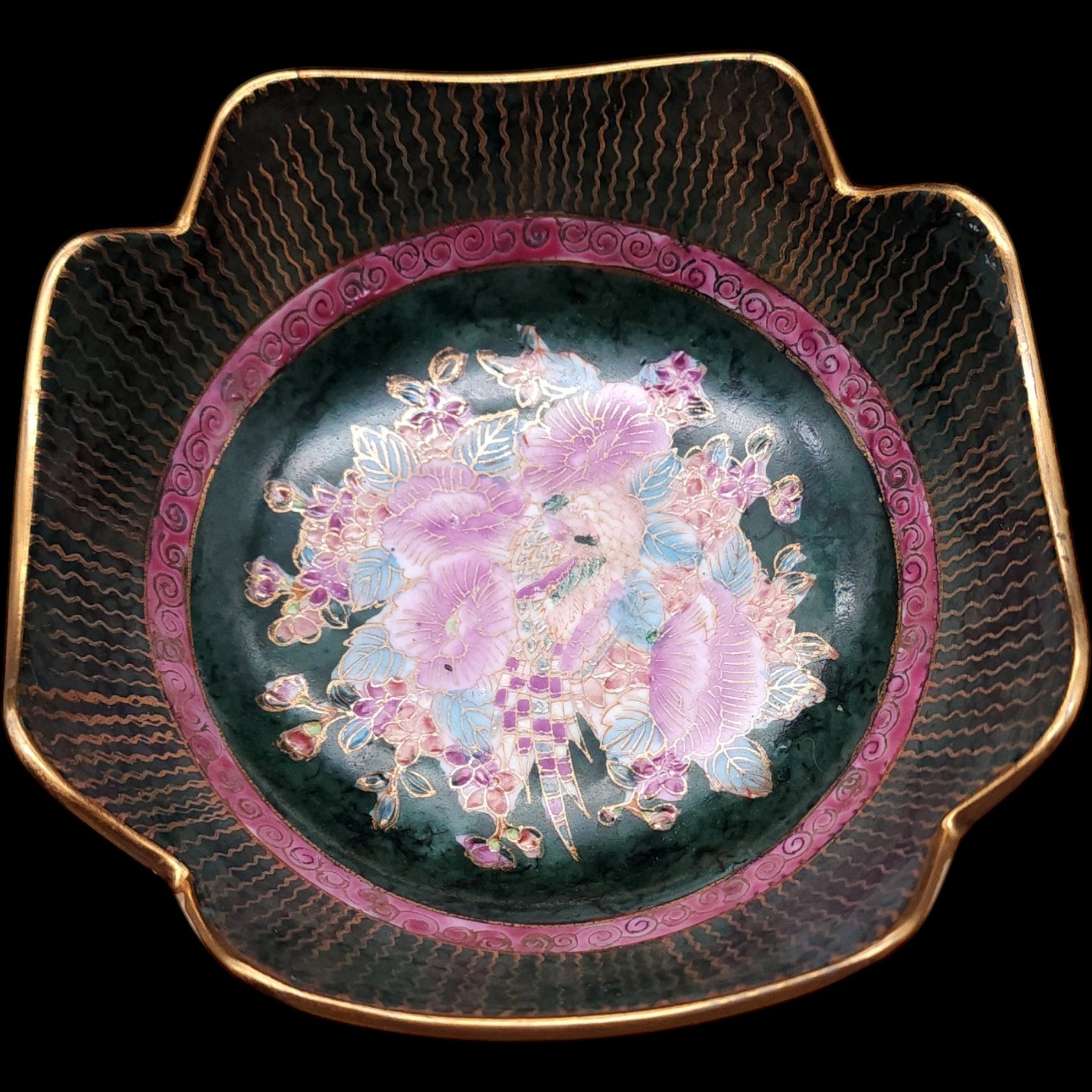 Vintage Japanese Chokin Style Black Ceramic Floral Peacock Decorative Bowl