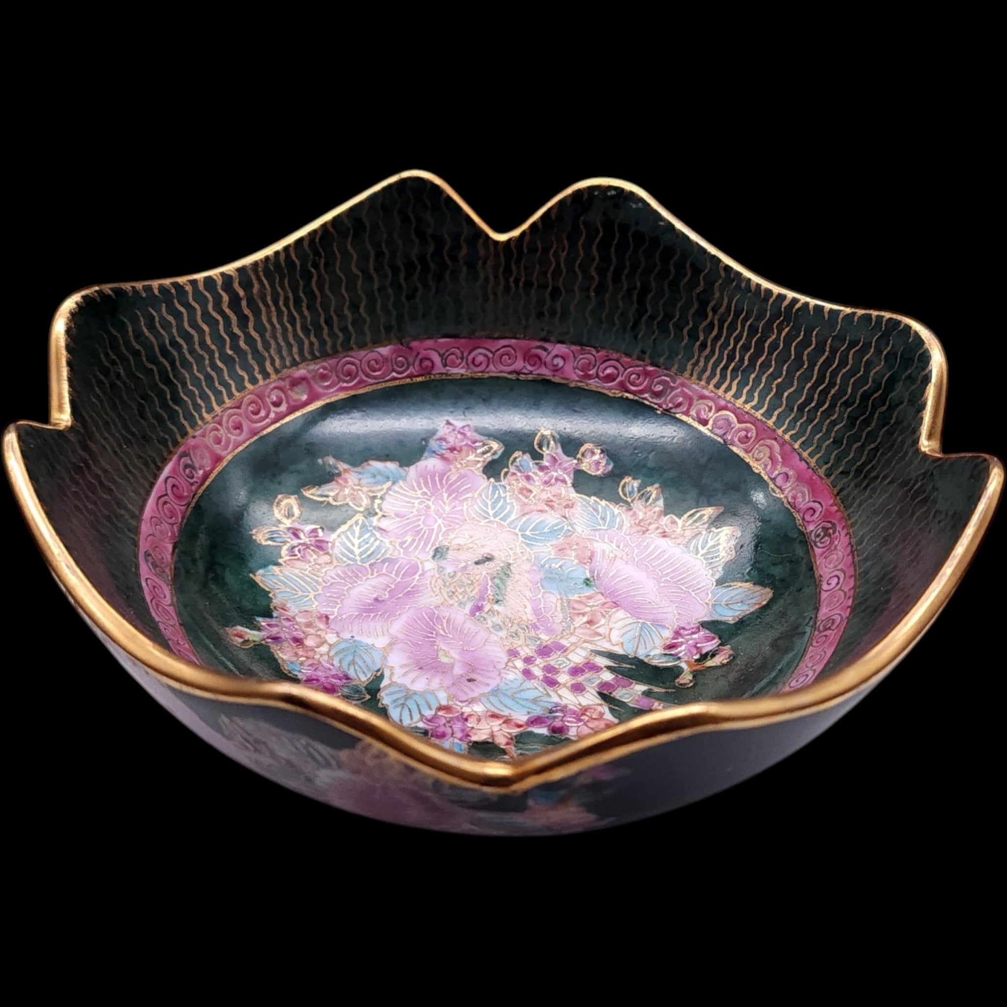 Vintage Japanese Chokin Style Black Ceramic Floral Peacock Decorative Bowl