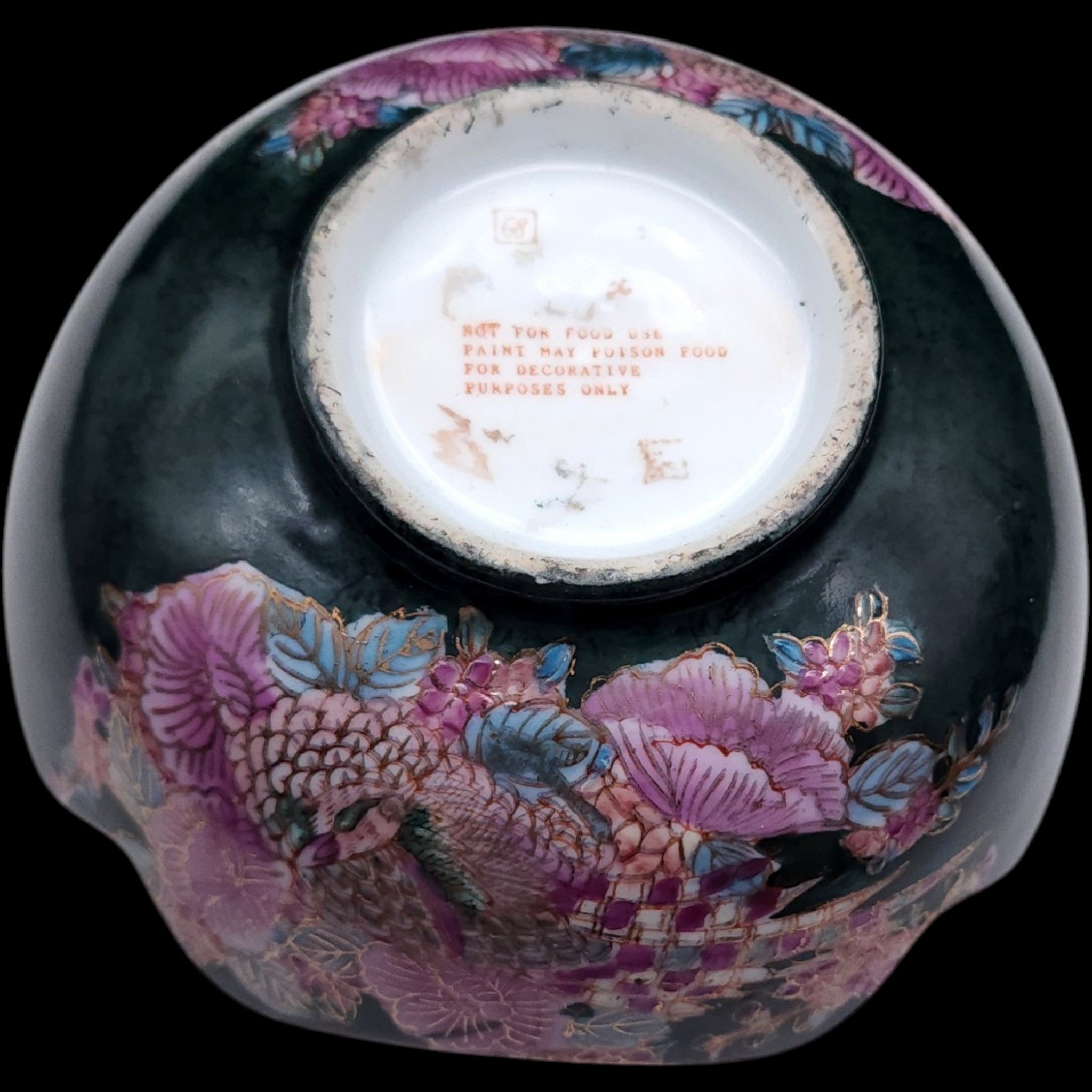 Vintage Japanese Chokin Style Black Ceramic Floral Peacock Decorative Bowl