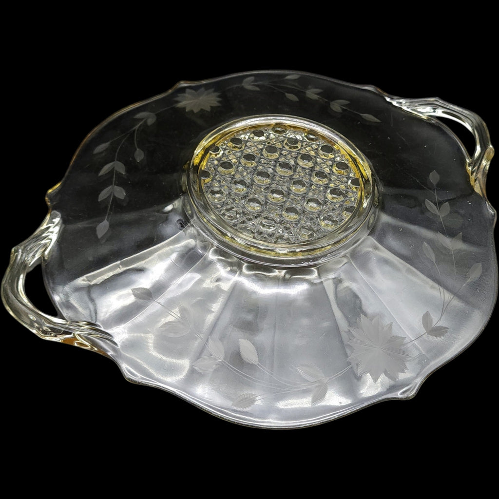 Vintage Lancaster Glass Etched Floral Handled Cake Sandwich Plate Yellow Topaz