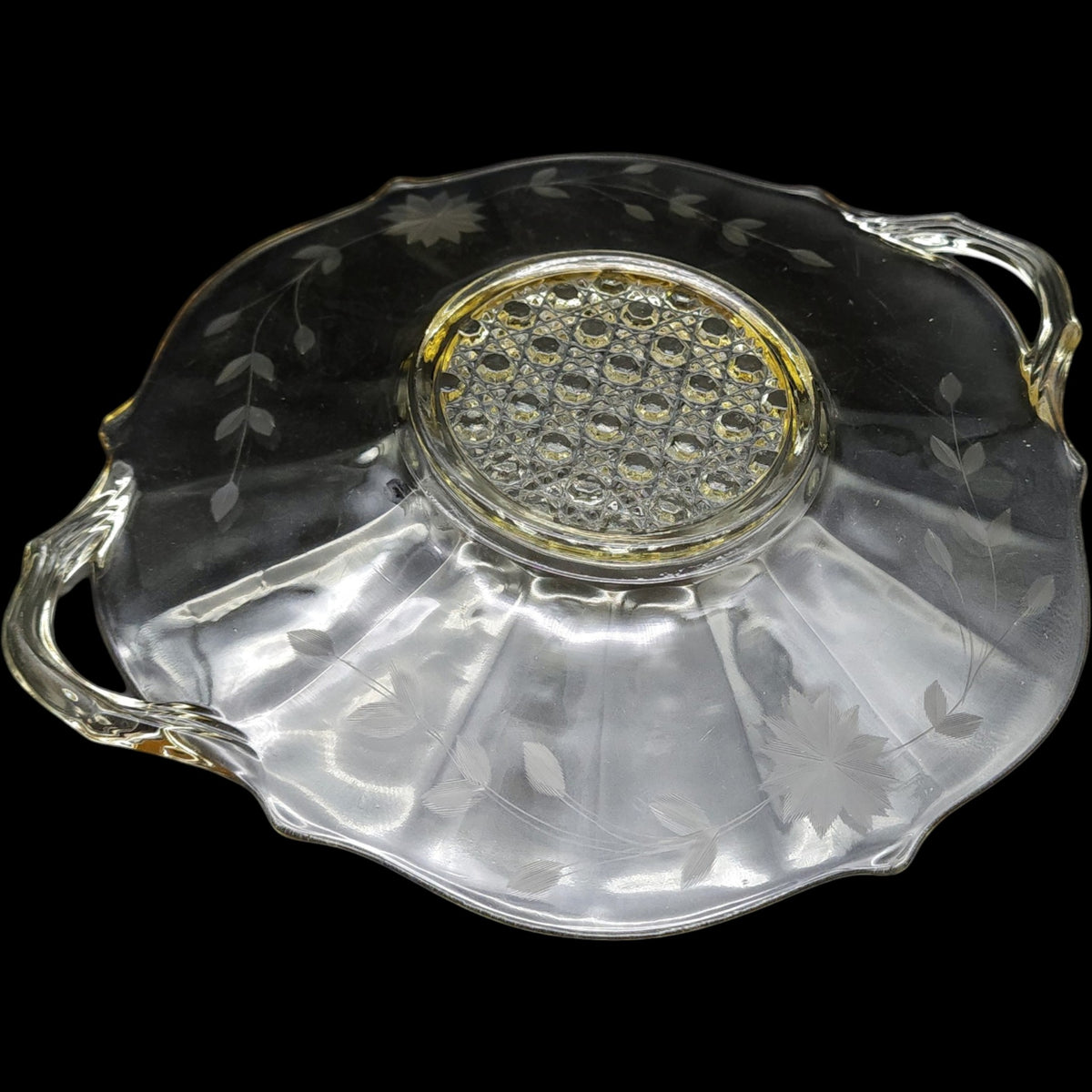 Vintage Lancaster Glass Etched Floral Handled Cake Sandwich Plate Yellow Topaz