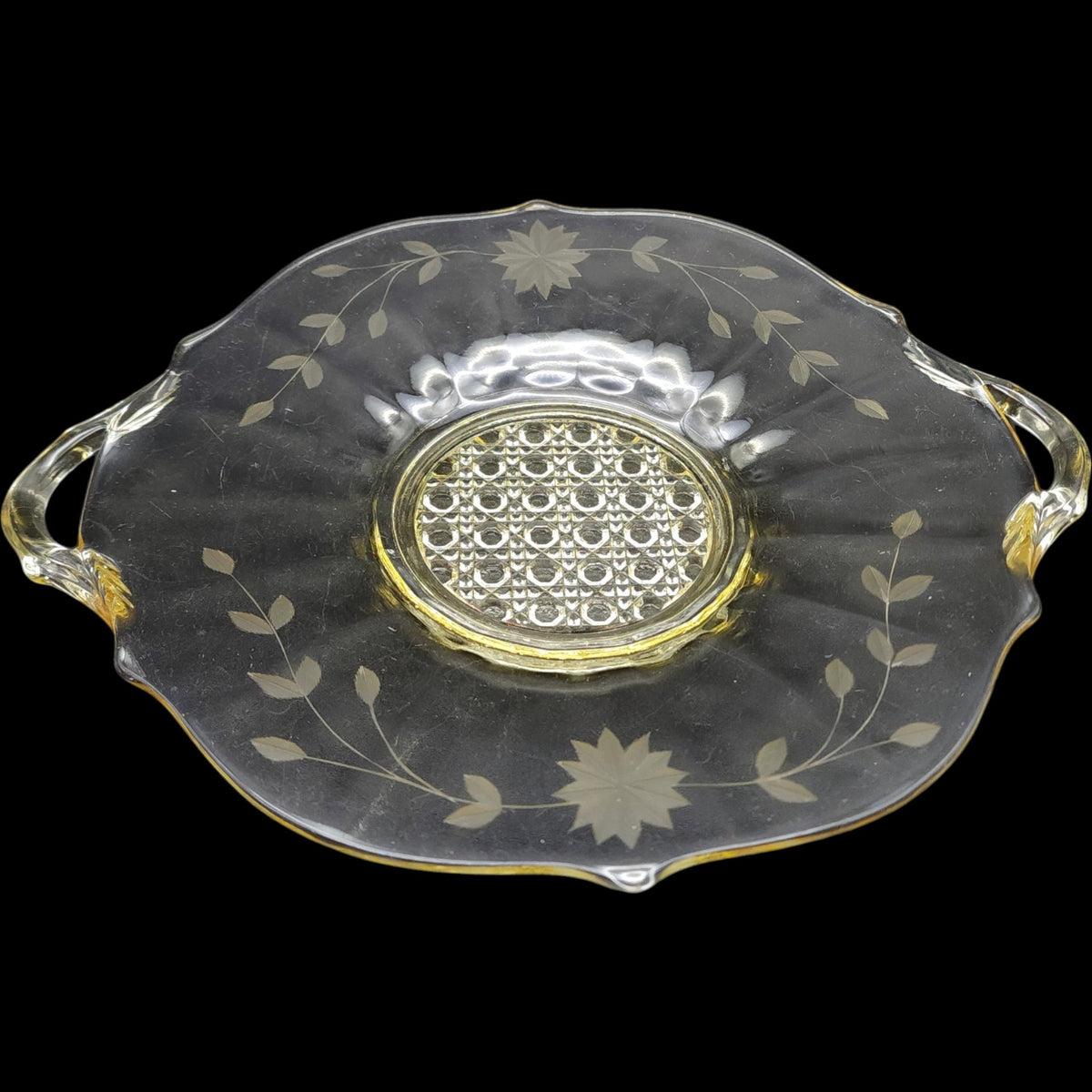 Vintage Lancaster Glass Etched Floral Handled Cake Sandwich Plate Yellow Topaz