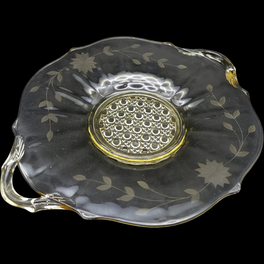 Vintage Lancaster Glass Etched Floral Handled Cake Sandwich Plate Yellow Topaz