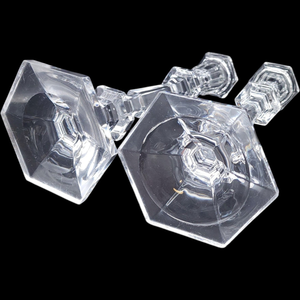10" Vintage Lead Crystal Tall Hexagonal Base Candlestick Holders Pair