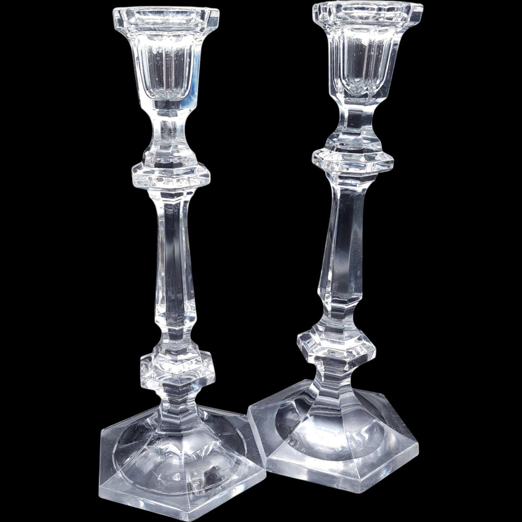 10" Vintage Lead Crystal Tall Hexagonal Base Candlestick Holders Pair