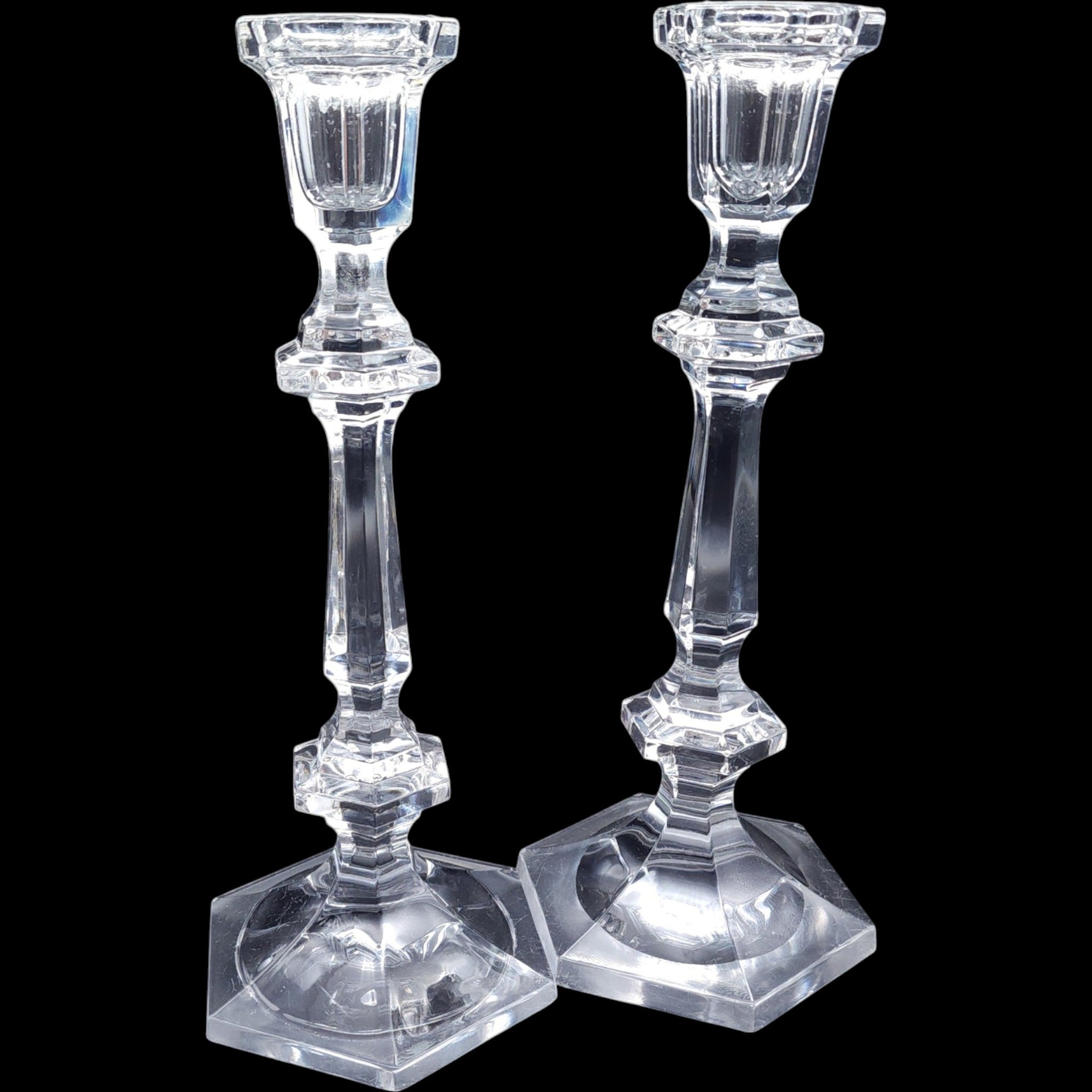 10" Vintage Lead Crystal Tall Hexagonal Base Candlestick Holders Pair